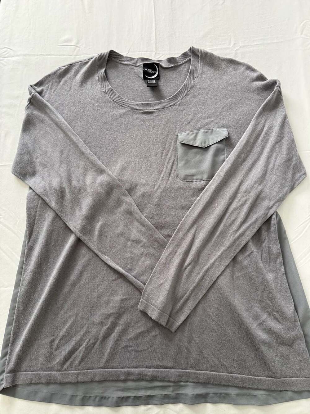 August Moon Gray Mixed Media Layered Back Knit Sweater with Flap Cargo Pocket